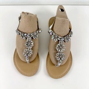 Silver Embellished Jeweled Thong Sandals Women's Size 7 Flat Ankle Strap